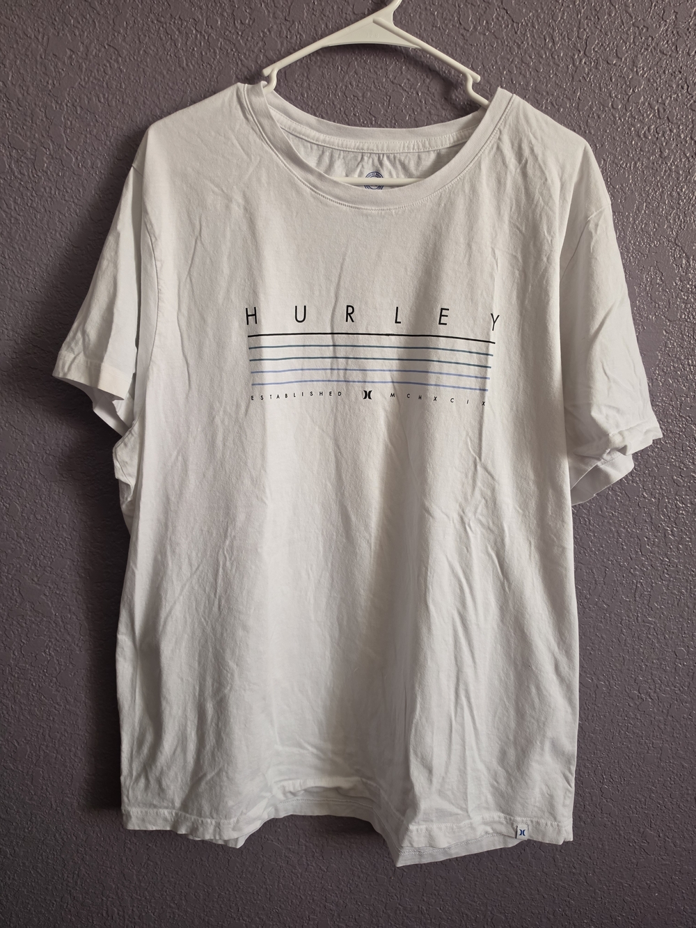 Hurley White Short Sleeve Logo Tee with Navy Stripes